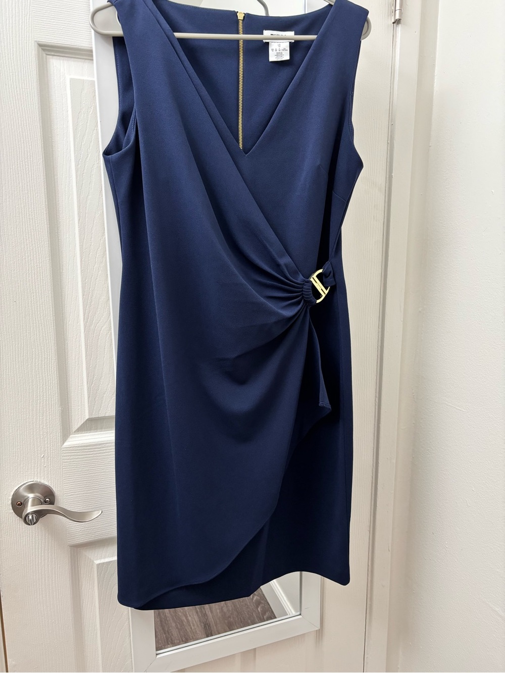 Le Suit Navy Sleeveless Wrap-Style Midi Dress with Gold Accent